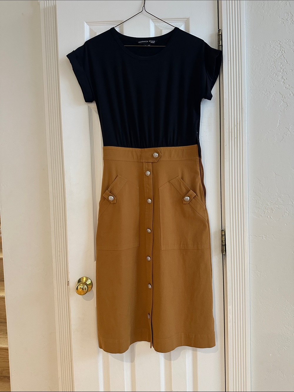 Veronica Beard Black Top with Camel Button-Front Midi Dress